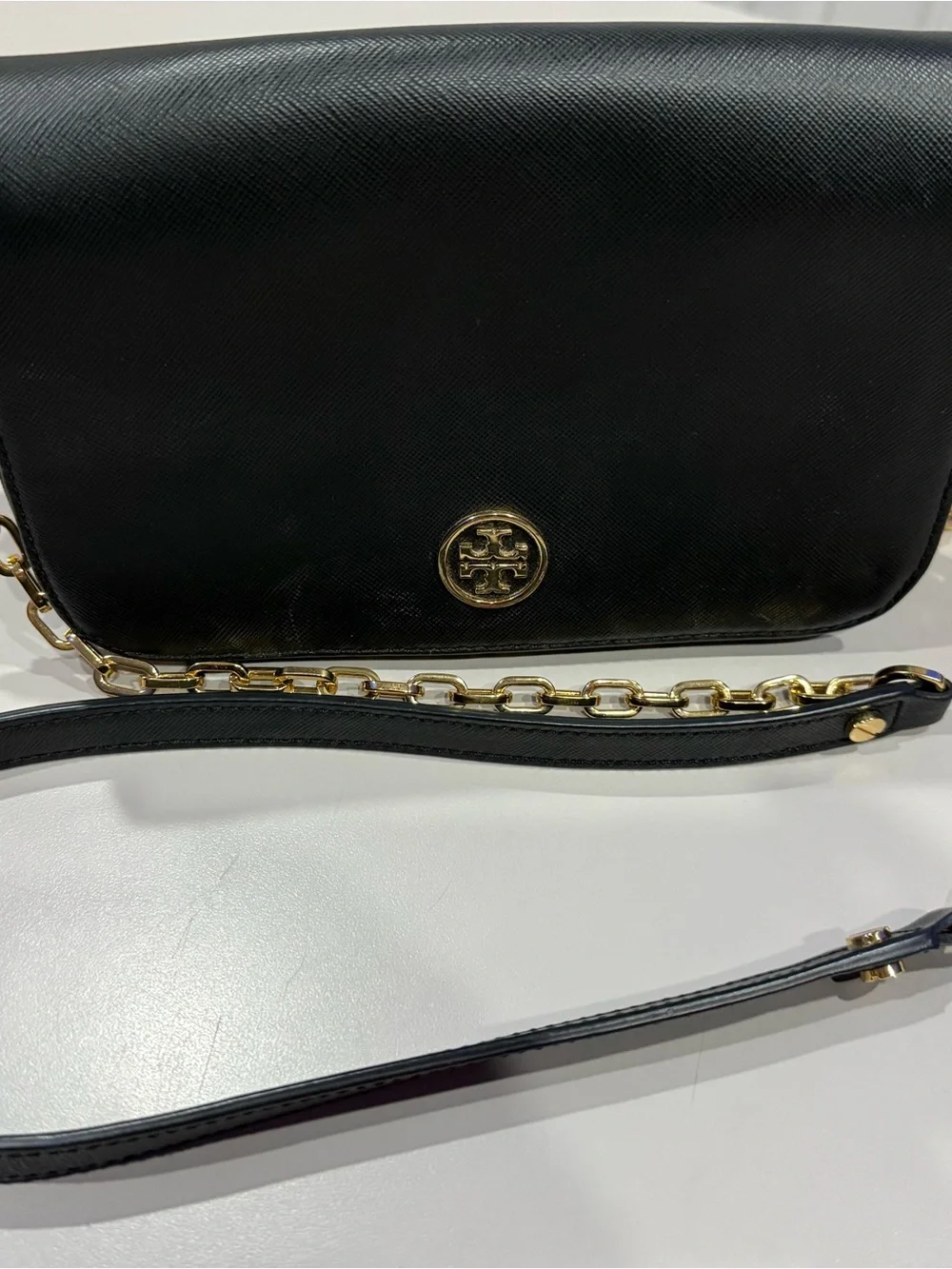 Tory Burch Robinson Mini Black Leather Bag with gold chain & hardware.
